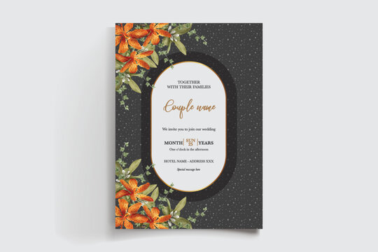 WEDDING INVITATION FRAME WITH FLOWER DECORATIONS AND FRESH LEAVES