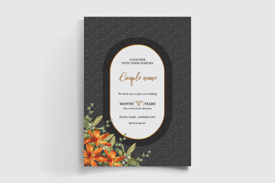 WEDDING INVITATION FRAME WITH FLOWER DECORATIONS AND FRESH LEAVES