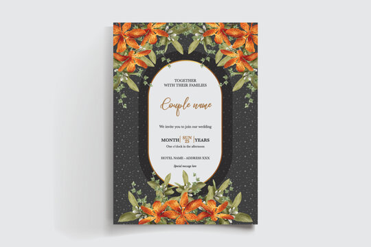 WEDDING INVITATION FRAME WITH FLOWER DECORATIONS AND FRESH LEAVES