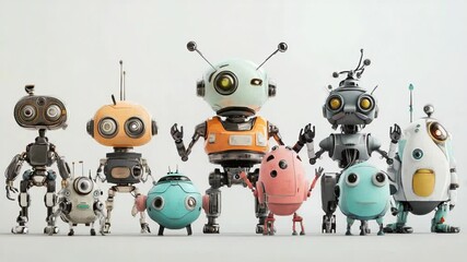 Poster - Group of Adorable Vintage-Style Robots Standing Together on a Plain Background