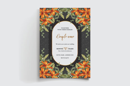 WEDDING INVITATION FRAME WITH FLOWER DECORATIONS AND FRESH LEAVES