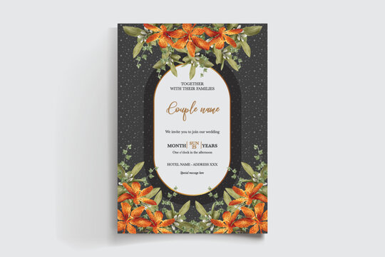 WEDDING INVITATION FRAME WITH FLOWER DECORATIONS AND FRESH LEAVES