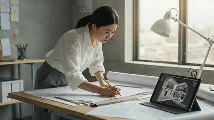 Female architect working on blueprints at a desk with a laptop and city view in the background