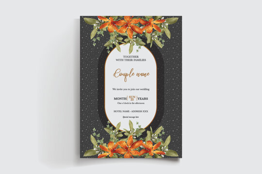 WEDDING INVITATION FRAME WITH FLOWER DECORATIONS AND FRESH LEAVES
