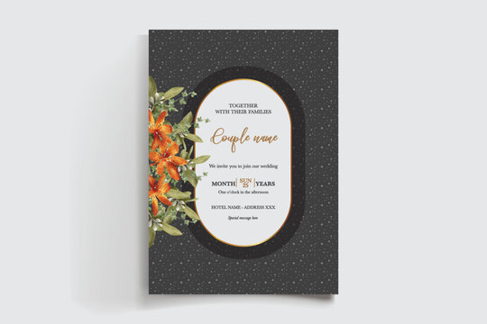 WEDDING INVITATION FRAME WITH FLOWER DECORATIONS AND FRESH LEAVES
