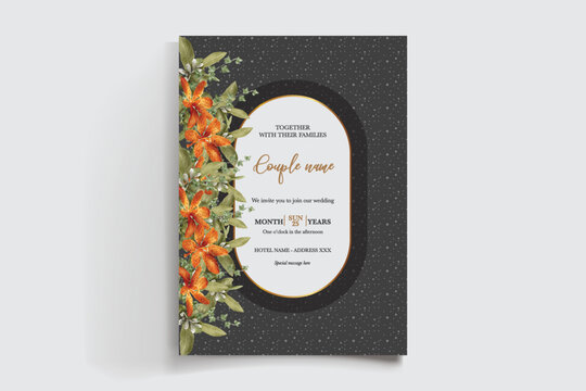 WEDDING INVITATION FRAME WITH FLOWER DECORATIONS AND FRESH LEAVES