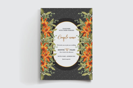 WEDDING INVITATION FRAME WITH FLOWER DECORATIONS AND FRESH LEAVES