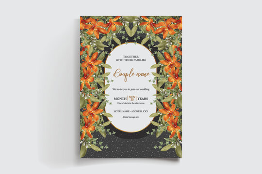 WEDDING INVITATION FRAME WITH FLOWER DECORATIONS AND FRESH LEAVES