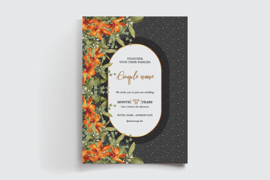 WEDDING INVITATION FRAME WITH FLOWER DECORATIONS AND FRESH LEAVES