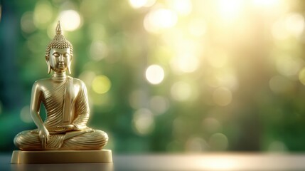 Poster - Golden Buddha Statue Meditating in Serene Ambience, Symbolizing Mindfulness and Spiritual Guidance for Personal Development and Inner Peace : Generative AI