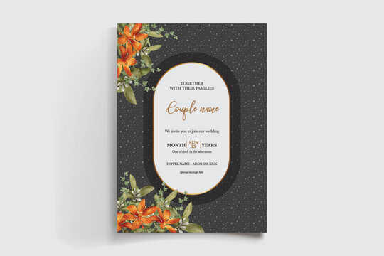 WEDDING INVITATION FRAME WITH FLOWER DECORATIONS AND FRESH LEAVES