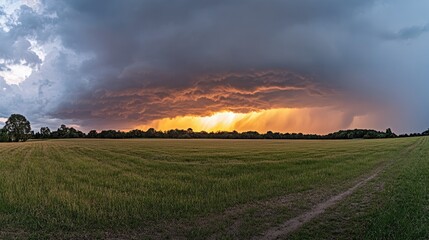 Naklejka na meble Dramatic Evening Sky Over Open Field with Storm Clouds, Sunset Glow, and Lush Green Grass in Nature Landscape Beauty