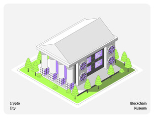 Poster - Cartoon Color Blockchain Museum Building Architecture Crypto City Concept 3d Isometric View Line Elements. Vector illustration