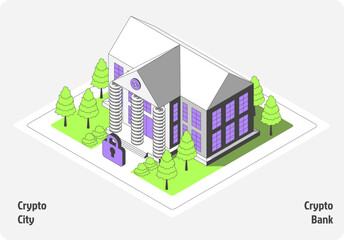 Poster - Cartoon Color Bank Building Architecture Crypto City Concept 3d Isometric View Line Elements. Vector illustration of Banking Service
