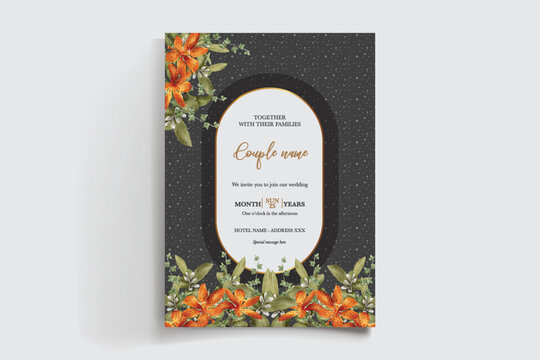 WEDDING INVITATION FRAME WITH FLOWER DECORATIONS AND FRESH LEAVES