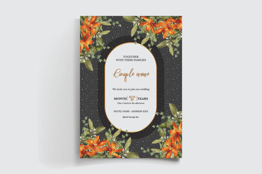 WEDDING INVITATION FRAME WITH FLOWER DECORATIONS AND FRESH LEAVES