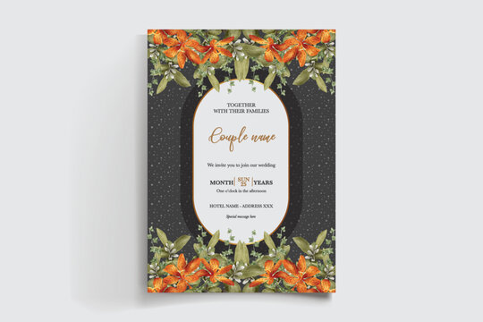 WEDDING INVITATION FRAME WITH FLOWER DECORATIONS AND FRESH LEAVES