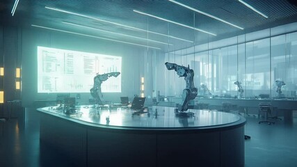 Poster - Futuristic Robotic Factory, Automation in Manufacturing Processes in a Clean Environment