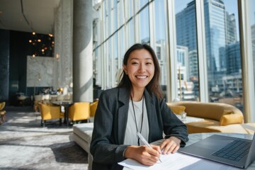 Aufkleber - Smiling Asian Businesswoman Signing Documents in Modern Office, Representing Professionalism and Career Growth Opportunities : Generative AI