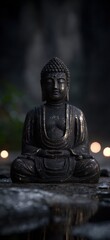 Poster - Bronze Buddha Statue Meditating in Serene Garden, Evoking Spirituality and Inner Peace for Mindfulness Campaigns and Cultural Heritage Projects : Generative AI