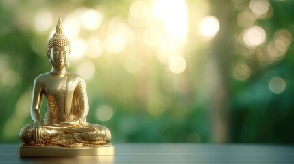 Poster - Golden Buddha Statue Meditating in Serene Garden, Symbolizing Mindfulness and Spiritual Guidance for Wellness Retreats and Personal Growth : Generative AI