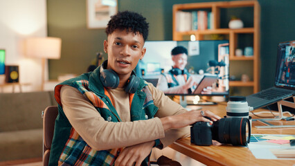 Poster - Influencer, live streaming and portrait of man with camera for tech review, feedback and vlog. Content creator, social media and person talking for recording video, podcast and opinion to audience
