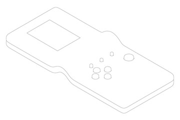 Poster - A game controller is shown in a black and white drawing. The controller is a small device with buttons and a screen. The controller is designed to be used with a video game console