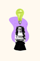Poster - Trend artwork sketch design 3D collage of shocked young schoolgirl hand hold pile book idea lamp back class classroom college education