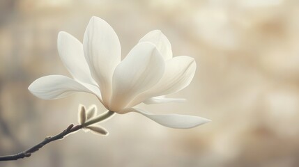 Poster - A beautiful magnolia flower showcases its pristine white petals on a slender branch, bathed in soft light during spring. The gentle background enhances its elegance, capturing nature's beauty