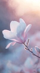 Poster - A magnolia flower gently blossoms, showcasing soft pink and white petals in a tranquil setting. The warm spring sunlight enhances its delicate beauty against a blurred background