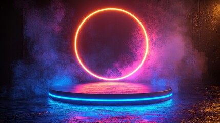 Poster - The air is filled with the image of a blue podium that floats, accompanied by a blue neon ring in the background