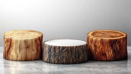 Poster - The presentation of cosmetic products is enhanced by a modern 3D geometric pedestal in the form of a round wooden podium on a transparent background