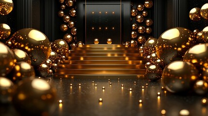 Poster - The golden ball element and product display podium are decorated with a blur effect and illuminated by glittering light