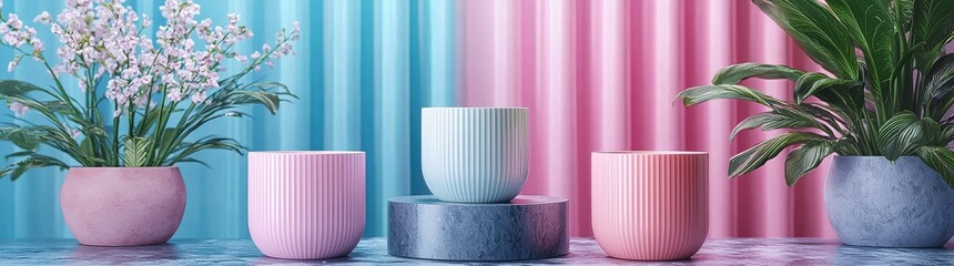 Poster - The scene is set with a 3D background that includes a cylindrical podium in various colors such as pink, orange, and blue, along with semi-circular shadows, all placed within a minimalist wall