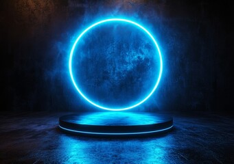 Poster - The decoration features a 3D realistic, modern style empty blue podium stand with a transparent glass circle and a background of blue neon laser lines