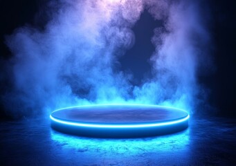 Poster - A dark background sets the tone for a luxurious scene with a 3D realistic empty gold podium stand, accompanied by smoke and dust particles and enhanced by lighting effects