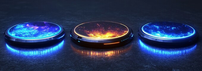 Poster - The ui of a game portal incorporates hologram light technology and a neon circle effect, blending with a futuristic game technology, round podium, and vibrant aura to create a gateway to a sci-fi