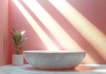Poster - The scene is set with a realistic level white cylinder pedestal on a 3D podium background, incorporating light and shadow on the wall, in a minimal abstract design, suitable for showcasing products