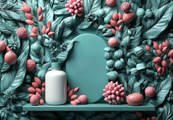 Poster - The scene is set with a realistic level green cylinder pedestal on a 3D podium background, incorporating light and shadow, within an abstract composition of minimal design, suitable for mockup