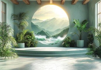 Poster - The scene is set with a 3D background that includes a set of realistic green cylinder product podiums and natural leaf lighting, all arranged in an abstract and minimalist composition to create a