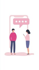 Poster - Two characters engaged in a digital conversation, with a smartphone displaying a rating system, illustrating feedback and communication in a modern context