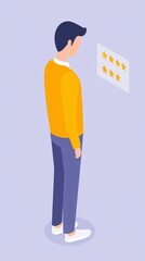 Poster - Young man in yellow sweater standing and looking at five-star rating display, reflecting on feedback and evaluation in a modern, minimalistic environment