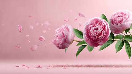 Poster - Maroon Peony Flowers Dance Gracefully Among Drifting Petals Against a Soft Pink Backdrop, Capturing Elegance and Vibrant Beauty in Every Detail of the Studio Composition