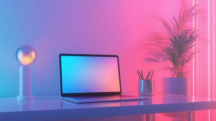 Poster - Stylish workspace setup with glowing neon lights and gradient laptop display for creative work