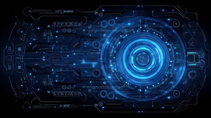 Wall Mural - futuristic digital interface with glowing blue elements and intricate circuitry against a dark backg