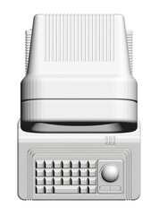 Poster - A white computer keyboard and mouse are displayed in a black and white image. The keyboard has a black and white design, while the mouse is also white. Concept of nostalgia and simplicity