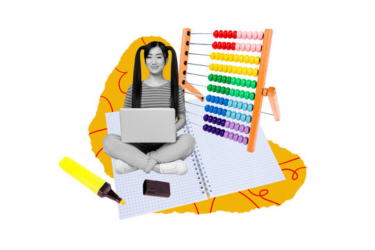 Exclusive artwork collage of happy schoolgirl teenager hold laptop ai helper bot abacus count marker notepad modern technology