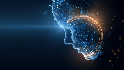 Wall Mural - futuristic digital representation of a human face with glowing particles and abstract technology ele