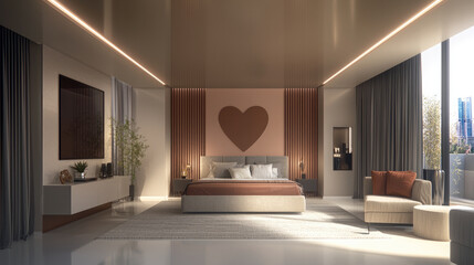Poster - Minimalist bedroom with heart wall art, large windows, cozy lighting, modern decor, and serene atmosphere