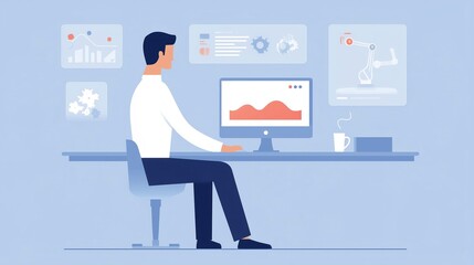 Fototapete - Illustration of a man working at a desk, analyzing data on a computer screen, with graphs and charts displayed in a modern office environment, showcasing productivity and technology